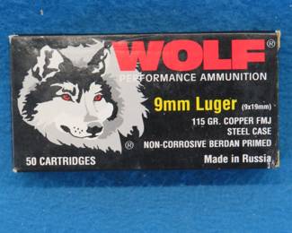 Lot 258. Wolf 9mm Luger.&nbsp; 115 grain FMJ.&nbsp; 43 rounds.
