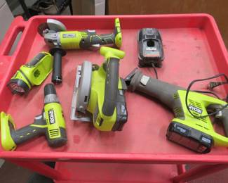 Lot 339. Ryobi 18V lithium battery tool set with 5 tools plus battery and charger. Works great.