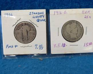 Lot 385. 1916 D Barber Head quarter and a 1926 P Standing Liberty quarter