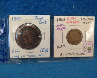 Lot 390. 1847 large cent and a Civil War era 1863 Indian Head White Cent