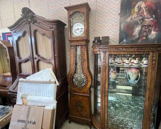 19th c. Tall Case Clock (movement Paris-France)  To the left are 2-Italian Secretaries.  To the right is a Antique Curio Cabinet