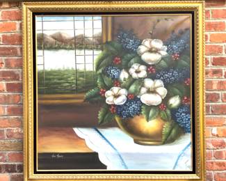 An impressively large (sight: 35" sq.) painting of lilacs on canvas. 