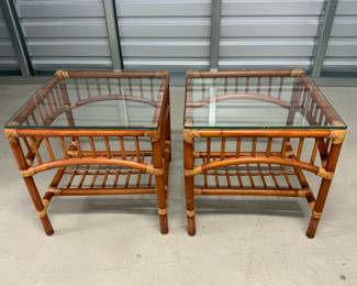 Two matching vintage rattan tables.
