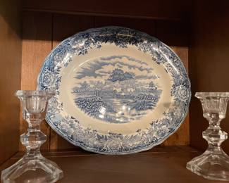 Crystal candleholders and Johnson Brothers blue and white China