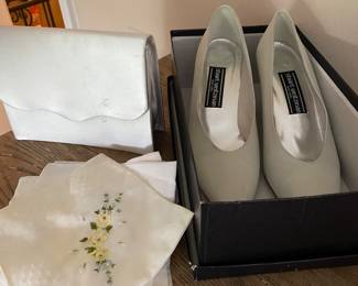 Stuart Weitzman shoes, evening purse, and vintage handkerchiefs