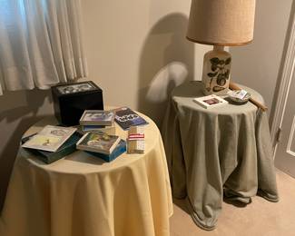 Lamp, skirted decorator tables - pair available- and books!