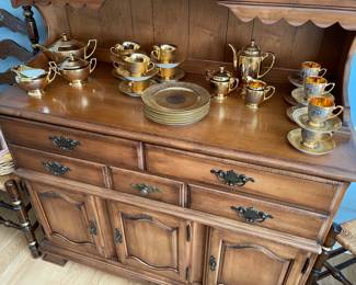 Sideboard with 22K plated china tea and coffee set with luncheon plates