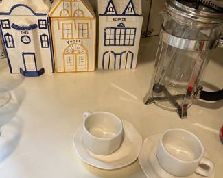 Coffee press, canister set, and coffee cups