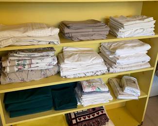 King, Queen and twin sheets and blankets - and MCM bookcase w BRASS DETAIL