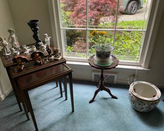 Mid-century modern, Plant stand, Asian planter, and Lladro and Hummel figurines