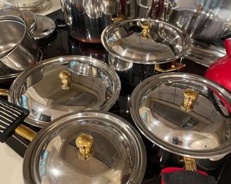 French stainless steel and brass pots and pans