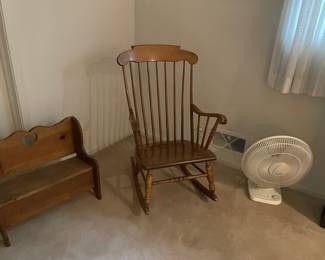 Wood rocker, child’s storage bench, and oscillating fan