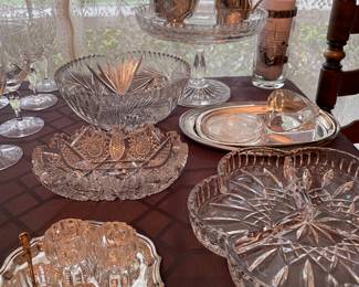 Crystal SERVICE pieces: relish tray, salt cellars, footed bowl and more!