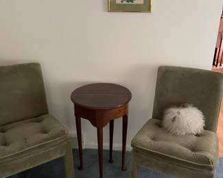 Velvet side chairs (pair available), Drop-leaf round side table
