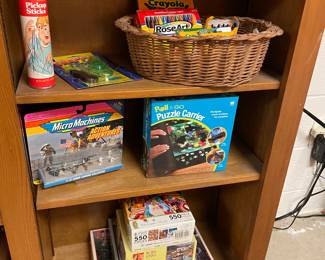 Vintage games, puzzle carrier, crayons and more