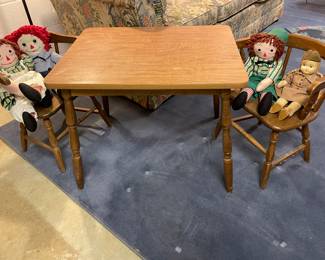 Children’s table and chairs, vintage raggedy-ANN dolls