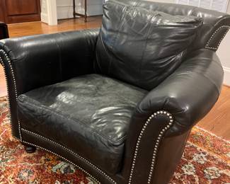* Alexander Taylor black leather sofa and chair with down filled cushions and nailhead trim