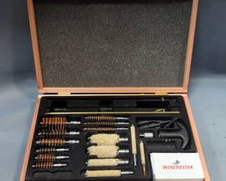 Winchester Cleaning Kit In Wood Box And Tote Of Cleaning Supplies, Includes Patches, Rods, Oils, Solvents, And More
