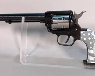 Heritage Rough Rider Liberty .22 LR 6-Shot Single-Action Rimfire Revolver SN# 3HR148234, Exposed Hammer, Bbl Is 6.5", Grips Depict Mt Rushmore On 1 Side And Statue Of Liberty On Other Side, Both With American Flag Backdrop, Only 18 Rds Fired, Paperwork, In Box