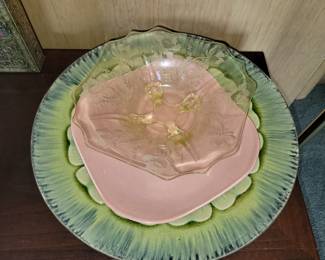 Russel Wright platter, yellow depression glass bowl