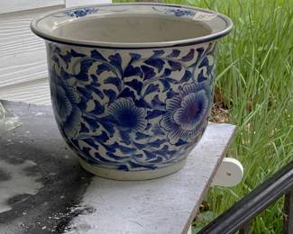 blue and white flower pots