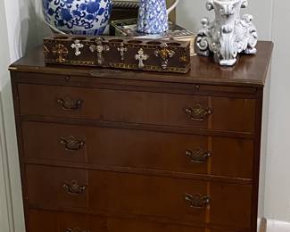 mahogany chest with pull out desk - has small damaged area