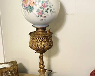 very old banquet lamp with hand painted shade