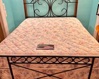 1-Queen Bed in Iron/Wood / Nice condition 
2-Beauty Rest Queen Mattress in Nice condition too & Clean
Sold Separate from the Bed Frame 
 Note: Mattress is Not separate from boxspring.. It is a 2 pc set & Sold together Only (Boxspring cannot be left behind)