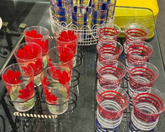 Vintage Glass Tumblers With Metal Caddys