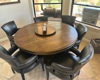 Solid wood dining table 60"  nailhead leather chairs 