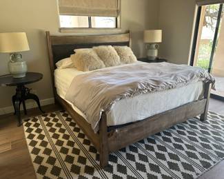 Guest room : 1.Leather and wood King Size Bed ( mattress not available) 2. 8x10 handwoven area rug gray and cream 3. Arhaus crank end tables  4. Turquoise Lamps with Cream Shades
