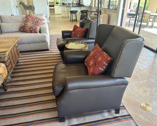 Leathercraft Nailhead Leather Wingback Recliners Pair