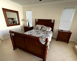 Tommy Bahama Style Queen Bedroom Set Armoire, chair, Mirror, 2 Nightstands and 1 Queen Bed & Tall Dresser