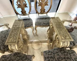 Renaissance Glass & Wood Pedestal Dining Table & 6 Chairs