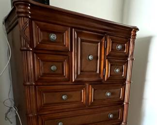 Tommy Bahama Style Queen Bedroom Set Armoire, chair, Mirror, 2 Nightstands and 1 Queen Bed & Tall Dresser