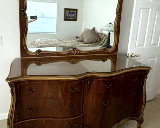 1920's French Karges Bedroom Set Tall Dresser, Dresser with mirror & 2 nightstands & Queen Bed