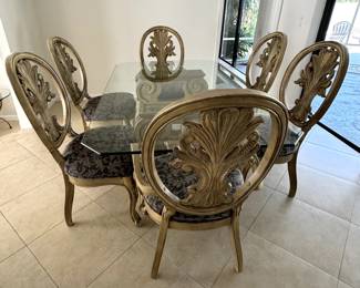 Renaissance Glass & Wood Pedestal Dining Table & 6 Chairs