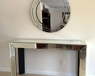 Blingword 47" Mirrored Console Table and Round 32" Mirror for Living Room