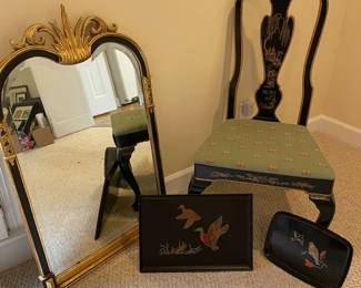 Decorative Chair, Mirror, and Platters