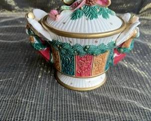 Fitz and Floyd Sri Lanka Candy Dish Angels Holly Red Bow Handled Lid Hand Paint