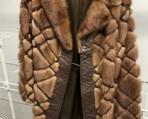 Vintage 60s Womens Coat Mod Honey Mink Car Coat with Leather Geometric Patchwork