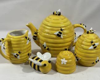 Honeybee Teapot, Sugar Bowl, Creamer, and S&P Shakers