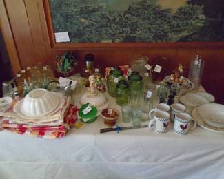 More Glassware, Corning/Corelle, Tumblers,  Avocado Green Glass Canister set, Linens including a Big Mid-century Rooster Tablecloth and we have the napkins to match!!
