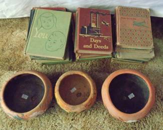 These grade school/elementary school books bring back memories. From the 1960's. Cool. Plus 3 Hand-painted Mexican Terra Cotta Flower Pots.