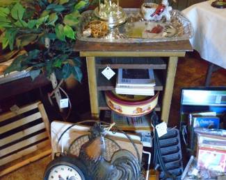 The little music stand in the center of the pic is for sale. More roosters and such. Also see the cast iron cornbread pone pan.