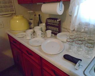 White Corelle Dishes, Plates, Lunch Plates, Bowls and more in that pattern. Plus we have a table top hairdryer (bonnet style) that works! Spice sest. Goblet Christmas Glasses. Blender in the very back of photo.