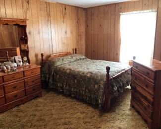 Complete Cedar bedroom suit has  Bed, Mattress and Boxspring in like new condition, Chest of Drawers, and Dresser with Mirror. (If you come for this item, remember to bring a blanket to wrap your mirror). Bedspread not included.