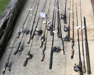 Fishing rods. Most have reels, some do not.