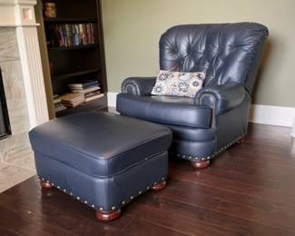 Blue Leather Chair And Ottoman