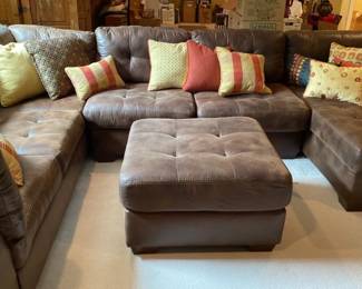 Brown Leather Look Sectional Sofa With Chase, Ottoman And Pillows